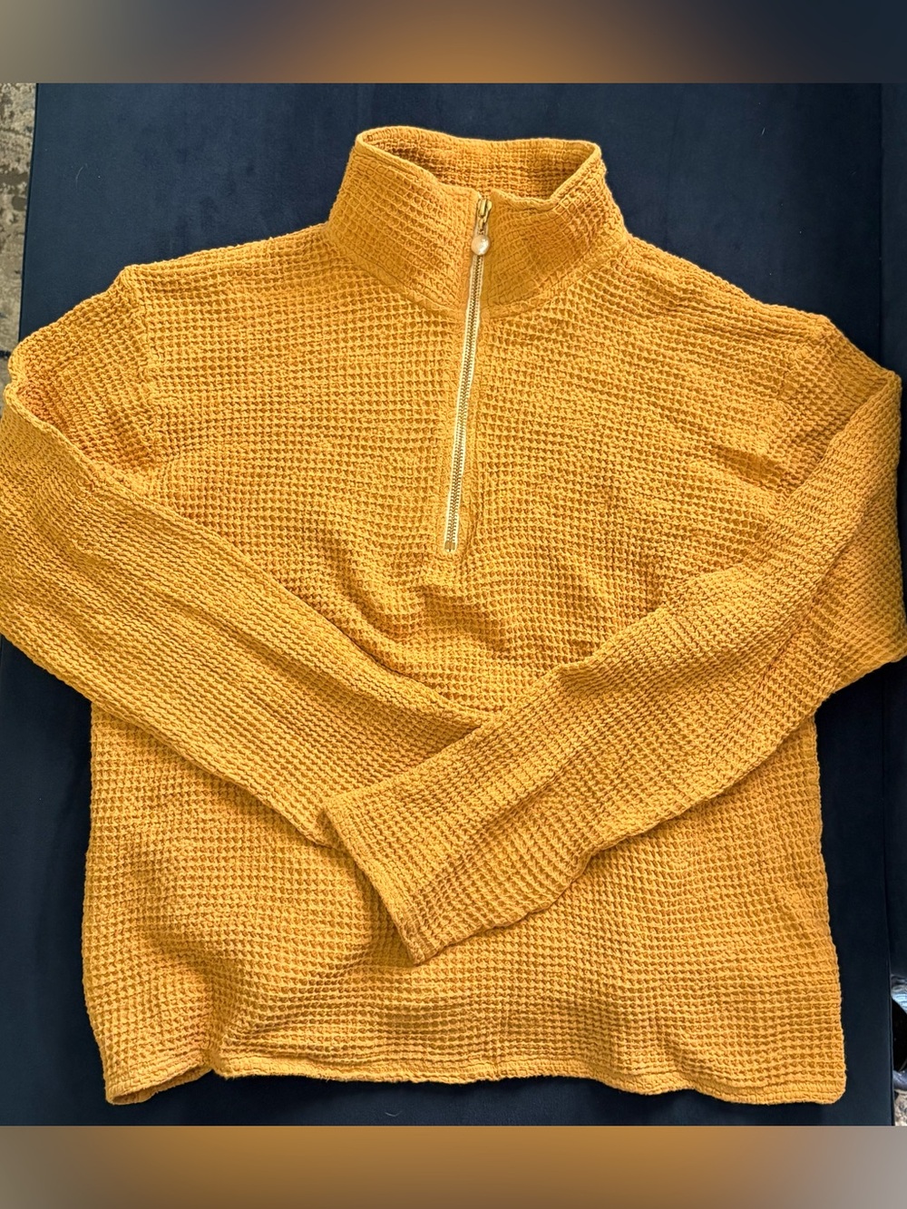 DONNI. Waffle Print mustard yellow 3/4 zip sweater XL